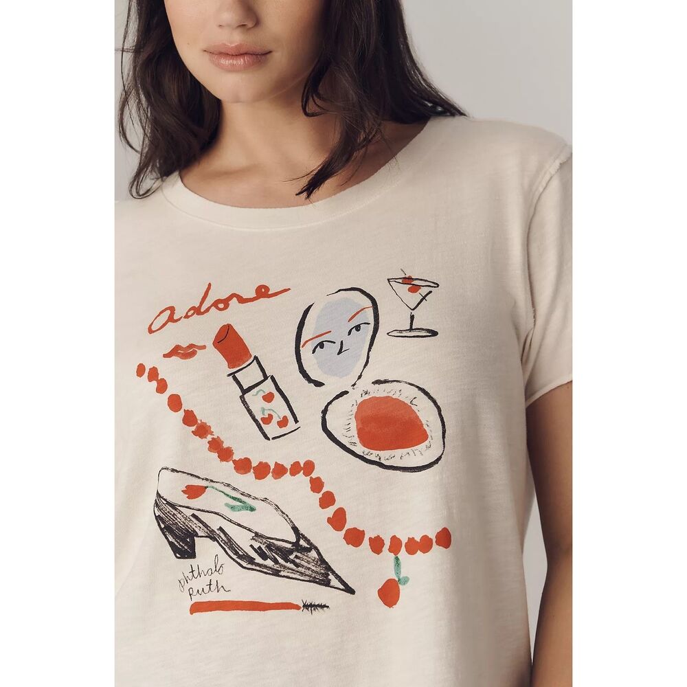 Anthropologie Maeve x Phthalo Ruth Adore Graphic Tee Cotton Boxy small petite NE - Picture 6 of 10